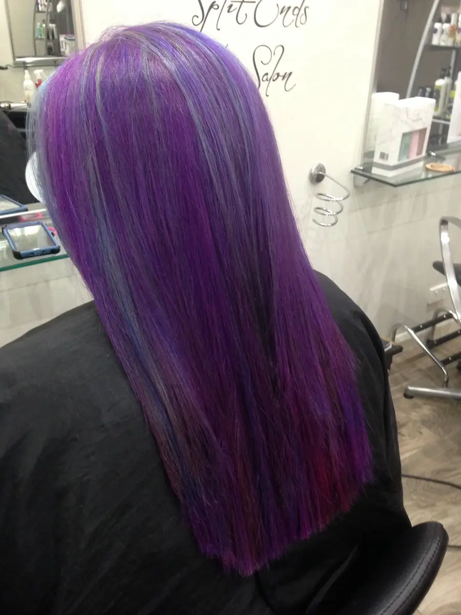 Long straight purple hair with violet highlights