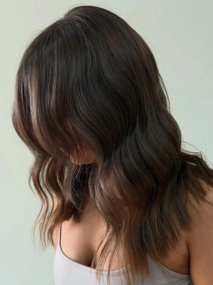 Shoulder-length dark brunette hair styled in loose waves